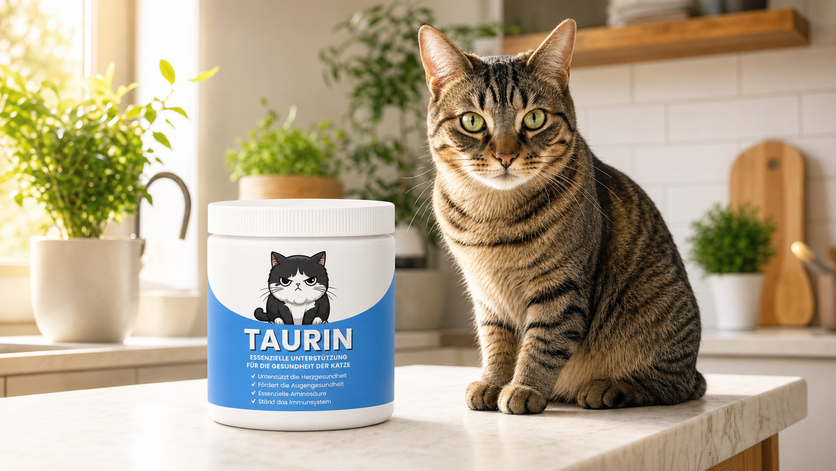 KatzenVital Taurin Dose mit Katze in der Küche