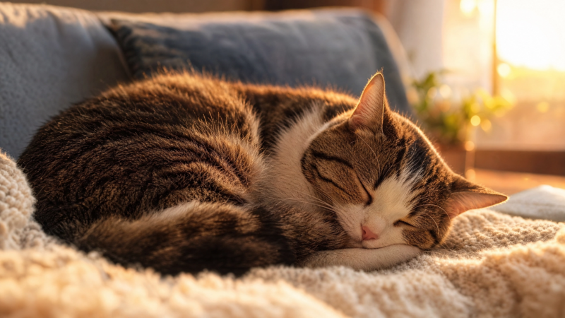 Zufriedene Katze schläft entspannt in warmem Licht
