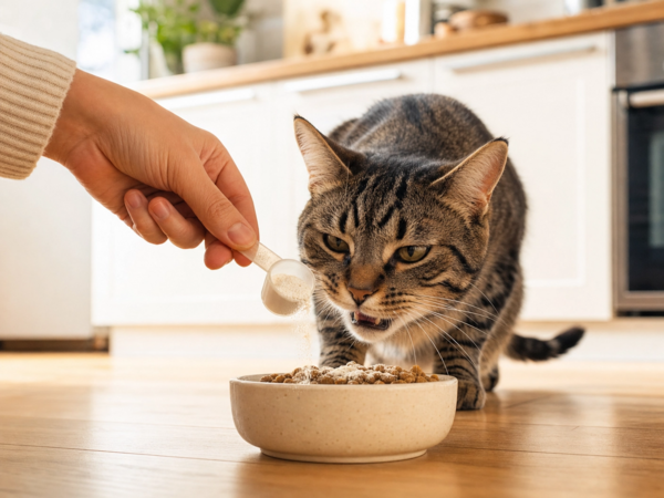 Taurin-Pulver wird in Katzenfutter eingestreut