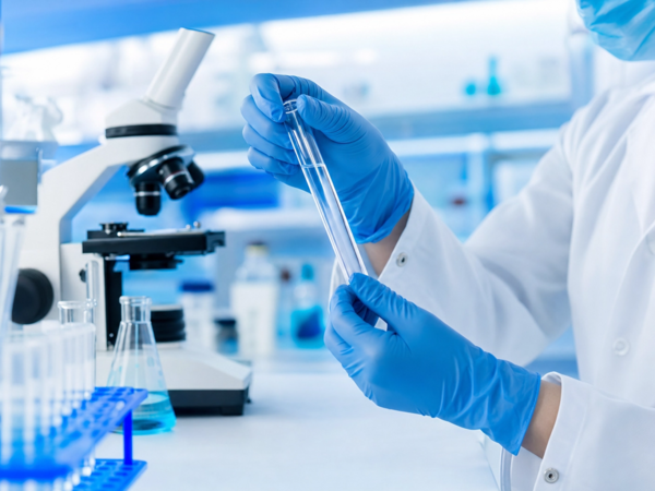 Wissenschaftlerin mit Reagenzgläsern im Labor