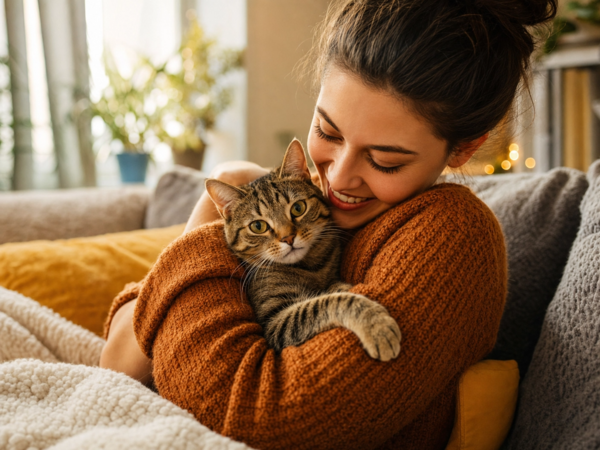 Glückliche Katzenbesitzerin mit ihrer Katze